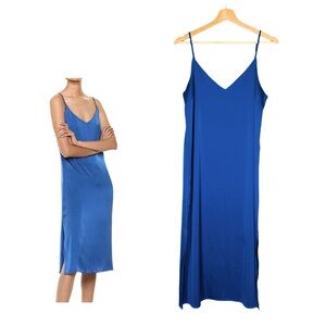 The Drop Ana Silky V-Neck Midi Slip Dress Royal Blue Medium Sultry Sexy